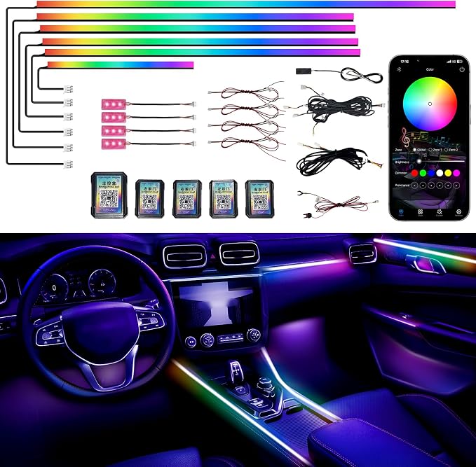 Acrylic Interior Car LED Strip Lights, Dreamcolor 10-in-1 Car Ambient Lighting Kit, with APP Control, 622 LED Fiber Optic Strip Lights for Cars, Supports Neon Sync with Music DIY Mode by Unknown