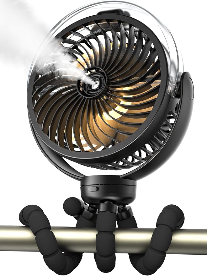 Misting Stroller Fan, 6000mAh Battery Operated Portable Fan with Light & 360° Pivoting, Personal Fans with Flexible Tripod for Baby, Office, Travel,Treadmill,Outdoors by Wavmill