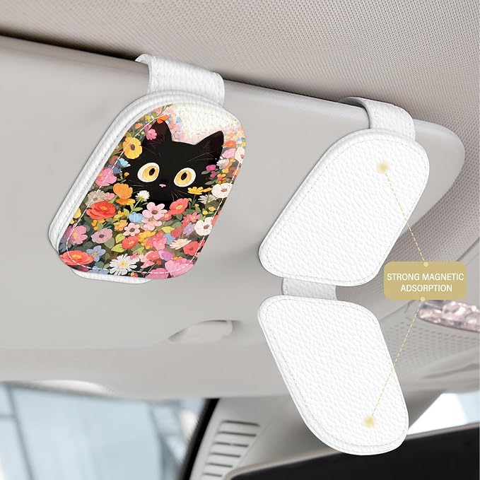 2 Pack Magnetic Leather Sunglass Holder, Universal Magnetic Car Eyeglass Hanger Clip for Different Size Eyeglasses, Car Visor Accessories (Flower Cat) - Image 3