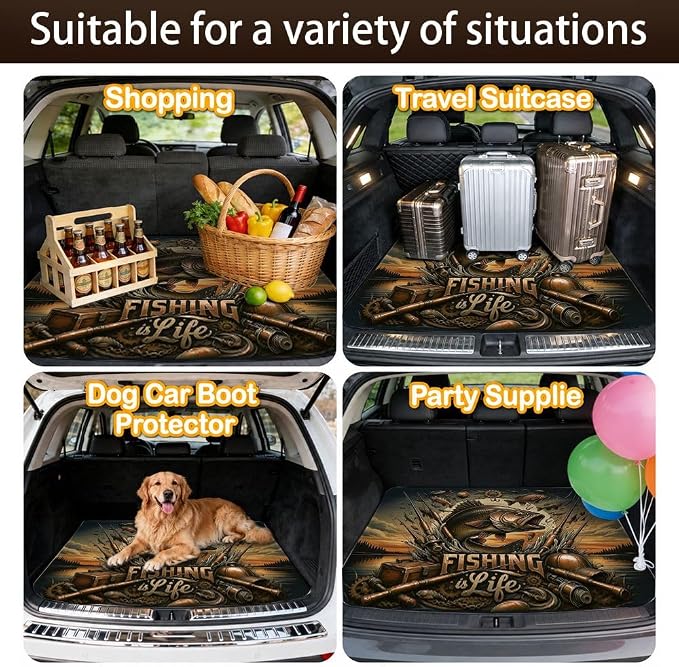 Car Trunk Mat for SUV, 31"x47" Vintage Fishing Life Cargo Liner Protector | All Weather Universal Cargo Liners for Dogs, Car Accessory for SUVs/Sedan/Wagons, Durable Non-Slip Washable Rear Cargo Mat - Image 7