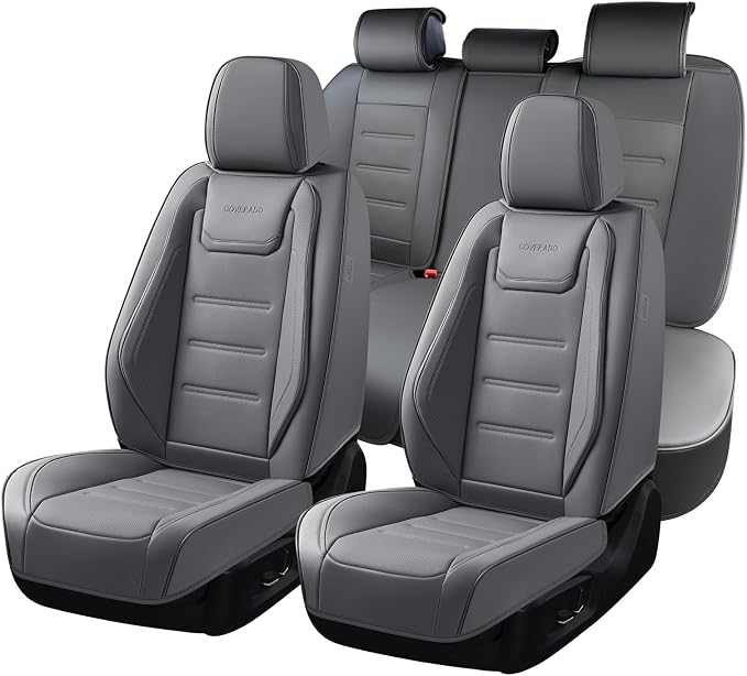 Coverado Car Seat Covers Full Set, Seat Covers for Cars, Car Seat Cover, Car Seat Protector Waterproof, Leather Car Seat Cushion, Universal Car Interior Covers Seat Protectors for Most Cars Gray by COVERADOAUTO