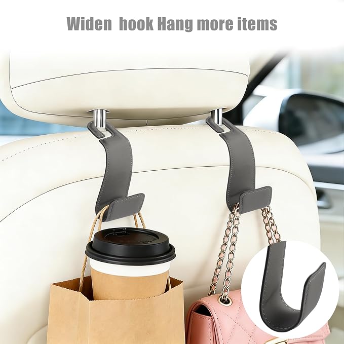 2-Pack Car Headrest Hooks, 1.1-Inch Wide Purse Hangers, Grey | Microfiber leather hooks with built-in metal cores keep purses, groceries and backpacks organized and within reach - Image 3