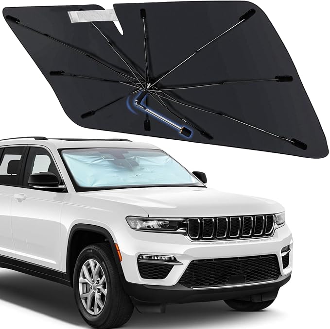Windshield Sunshade Umbrella for Jeep Grand Cherokee 2011-2026 Front Window | Foldable Car Sun Shade with 360° Rotating Shaft, Custom fit Grand Cherokee Sun Shield for UV Blocking by Visufy