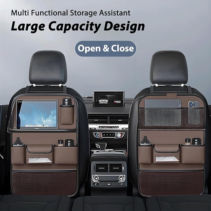 2 Pack Universal Foldable Car Backseat Organizer with Table Tray, Car Seat Back Protector with Touch Screen Phone Holder, Premium Leather Kick Mats with Storage Pockets Tissue Holder (Brown) - Image 2