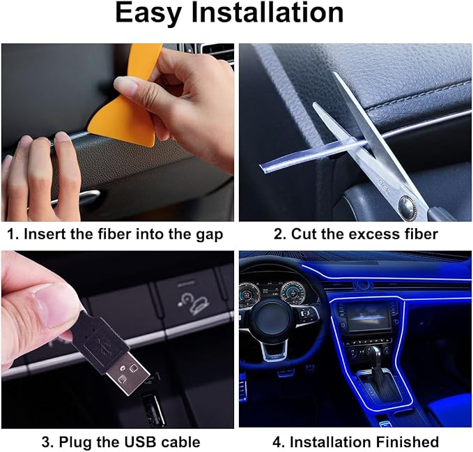 EL Wire Interior Car LED Lights, 16.5FT USB Ambient Lighting Strip, Blue | Neon Glowing Strobing Electroluminescent Wire, 6mm Sewing Edge, Inside Car Lighting Accessories - Image 6
