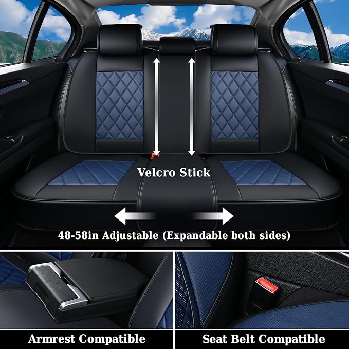 Coverado Car Seat Covers Full Set, Luxury Faux Leather Waterproof Seat Cover, Black and Blue Car Seat Covers, Car Seat Protector, Automotive Seat Covers Universal Fit for Most Cars, Black&Blue - Image 3