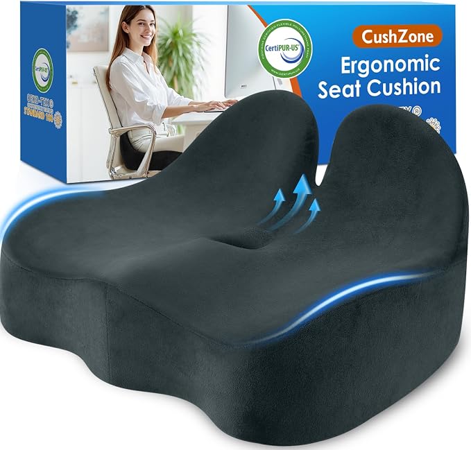 CushZone Ergonomic Seat Cushion, Sciatica Support for Chair, Blue Grey | Large Size for Sciatica & Hip & Tailbone Pain Relief, Memory Foam Office Chair Cushion for Car, Long Trip, Desk Chair, Lab by CushZone