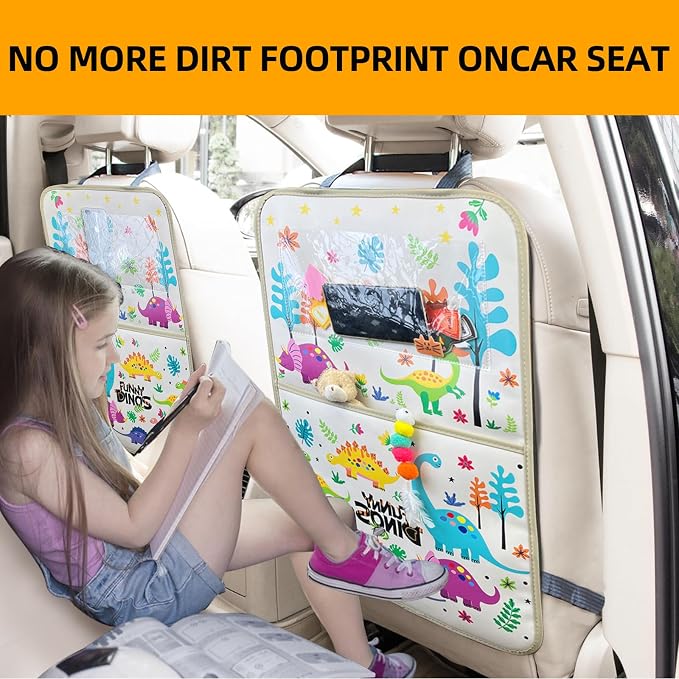 kids Leather Car Backseat Organizer with Foldable Table Tray, Car Storage Organizer with Tablet Holder, Car Seat Back Protectors Kick Mats, Travel Accessories (Dinosaur) - Image 8