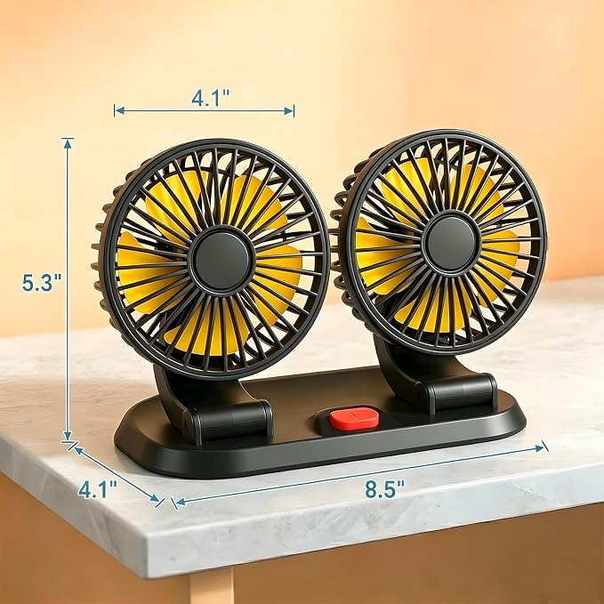 12V Dual Head Car Fan for Dashboard, 2-Speed Portable Vehicle Cooling Fan, 360° Rotatable Cigarette Lighter Powered Air Circulator for SUV RV Truck Sedan - Image 9