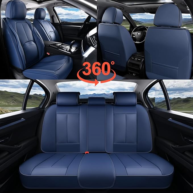 Coverado Car Seat Covers Full Set, Blue Car Seat Cover, Nappa Leather Seat Covers for Cars, Waterproof Car Seat Protector with Lumbar Support, Automotive Seat Covers Universal Fit for Most Cars (Blue) - Image 6