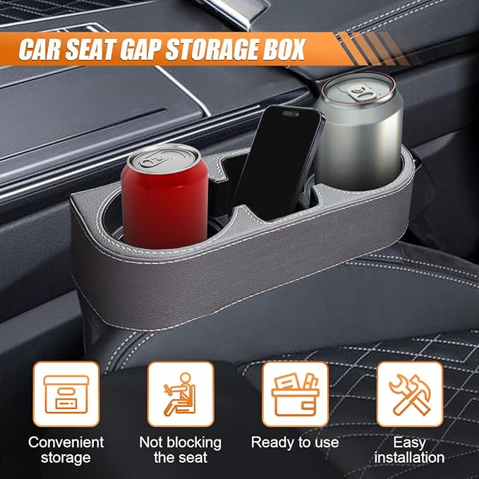 Car Cup Holder, PU Leather Auto Seat Gap Filler Organizer (Gray) | Multifunctional Vehicle Cup Drink Holder, Front Console Storage Box for Coin Cellphone Sunglasses, Universal Car Accessories - Image 3