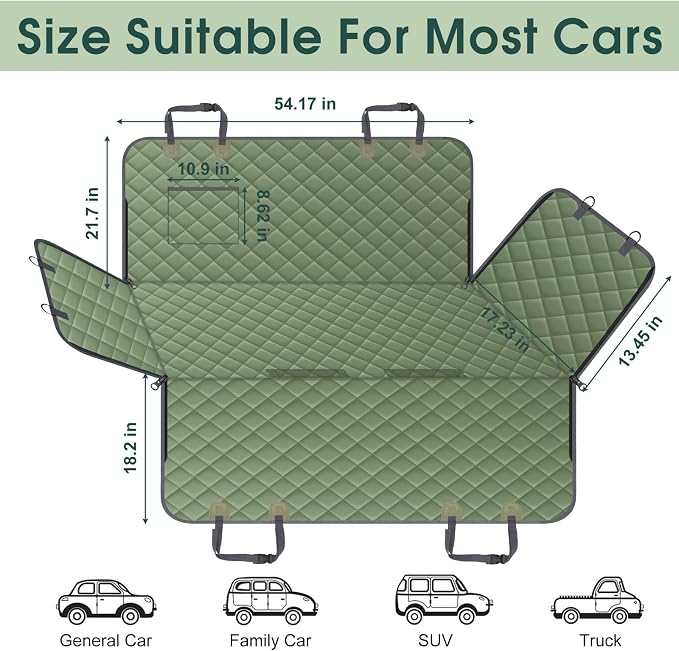 NECKORY Waterproof Dog Car Seat Cover for Back Seat - Durable, Scratch Proof Pet Hammock with Nonslip Design & Storage Pockets, Fits Cars, SUVs, Trucks- S, Green - Image 2
