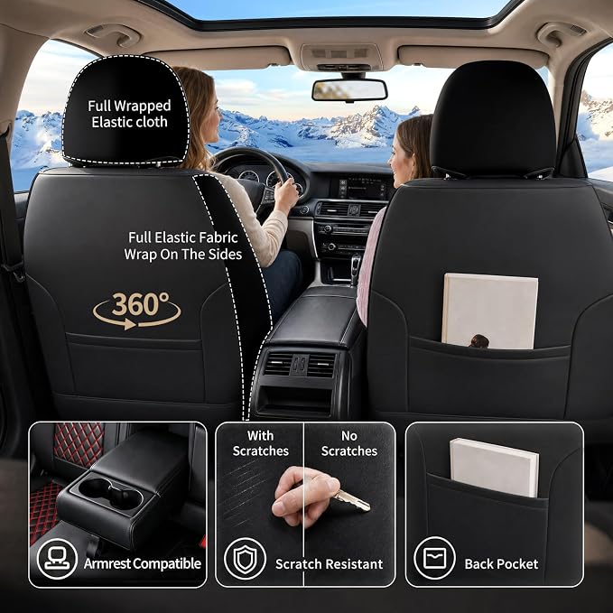 Fit Canyon Car Seat Covers for GMC Canyon 2015-2025 2026 - Luxury Leather, Anti-Slip, All-Weather Seat Cushions, Waterproof & Breathable, Airbag Compatible, Full 5-Seat Set (Redline) - Image 7