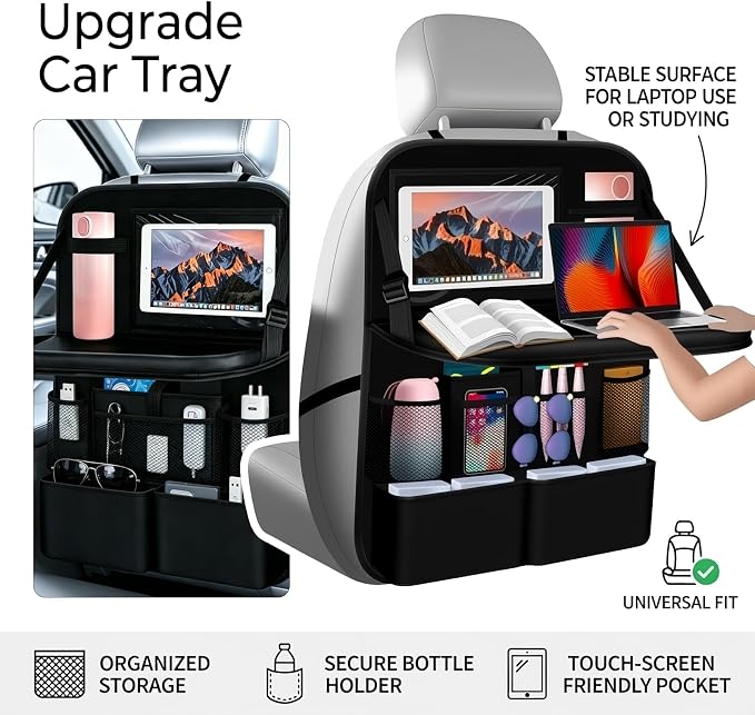 2 in 1 Hanging Backseat Car Organizer,Waterproof Back Seat Car Organizer | with Table Trays,Multifunctional Cars Seats Backs Organizers as Kick Mats Back Seat Protector for Vehicles - Image 5