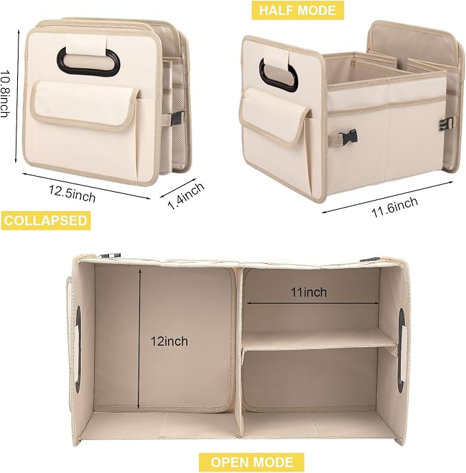 JiatuA Car Trunk Organizer, Car Organizers and Storage Collapsible Multi Compartment Container Box, Adjustable Car Accessories for SUV Sedan Truck, Standard Size, Beige | Sturdy, Large Capacity, Clean Decor, Multi Compartment Container Box, Adjustable ... - Image 7