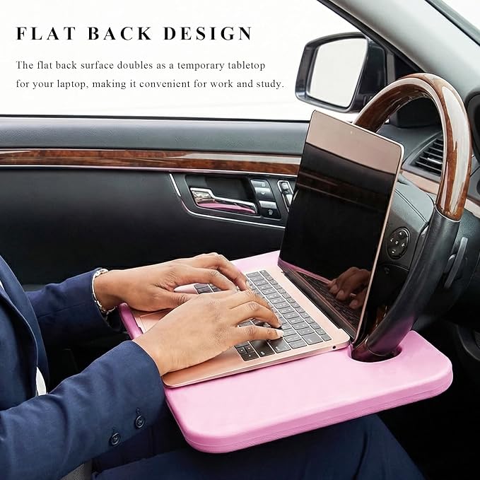 Car Steering Wheel Desk, 2 in 1 Multipurpose Auto Seat Stand Tray for Food Drink Laptop, Portable Double Sided Vehicle Steering Wheel Table for Eating & Work, Car Accessories (Pink) - Image 3