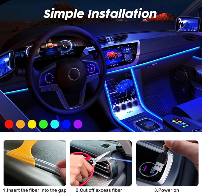 USB Car LED Lights, Interior Car Lights Strip 7 Colors Ambient Lighting with 118 inches Fiber Optic Music Sync Simple Installation EL Wire Lights (7 Colors/118 inches) - Image 5