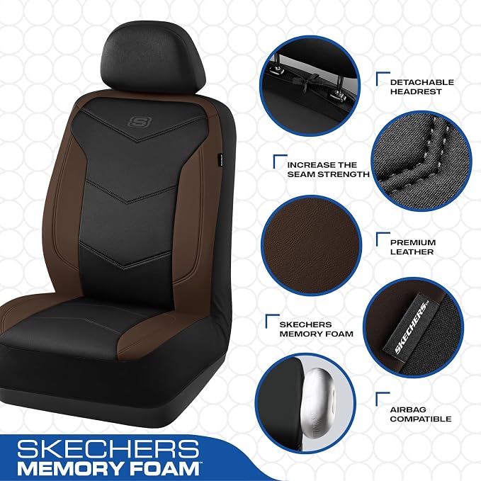 Skechers Memory Foam Seat Covers,Leather Car Seat Covers, Ultimate Comfort & Support Seat Covers Full Sets Airbag Compatible, Automotive Universal Fit Most for SUVs, Vans, Sedans, Cars, Trucks,Brown - Image 3