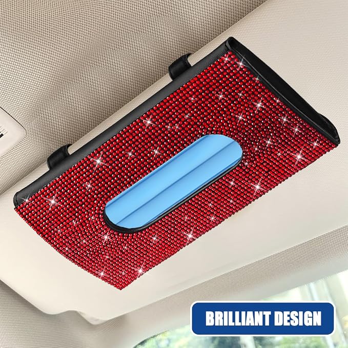 Bling Car Sun Visor Tissue Box Holder, Visor Accessories, Rhinestone PU Leather Crystal Sparkling Napkin Holder, Auto Sun Visor Paper Towel Cover Case Accessories for Most Cars (Red) - Image 5