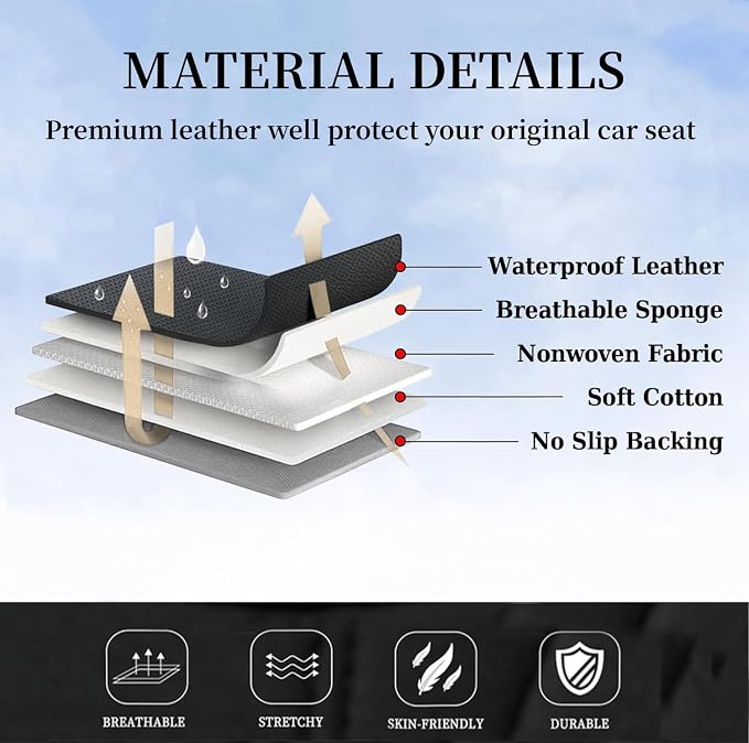 Coverado Car Seat Covers, Waterproof Nappa Leather Seat Cushion for Cars 5 Seats, Front and Rear Automotive Seat Cover Car Accessories, Universal Fit for Most Cars SUV Trucks, Full Set, Black - Image 6