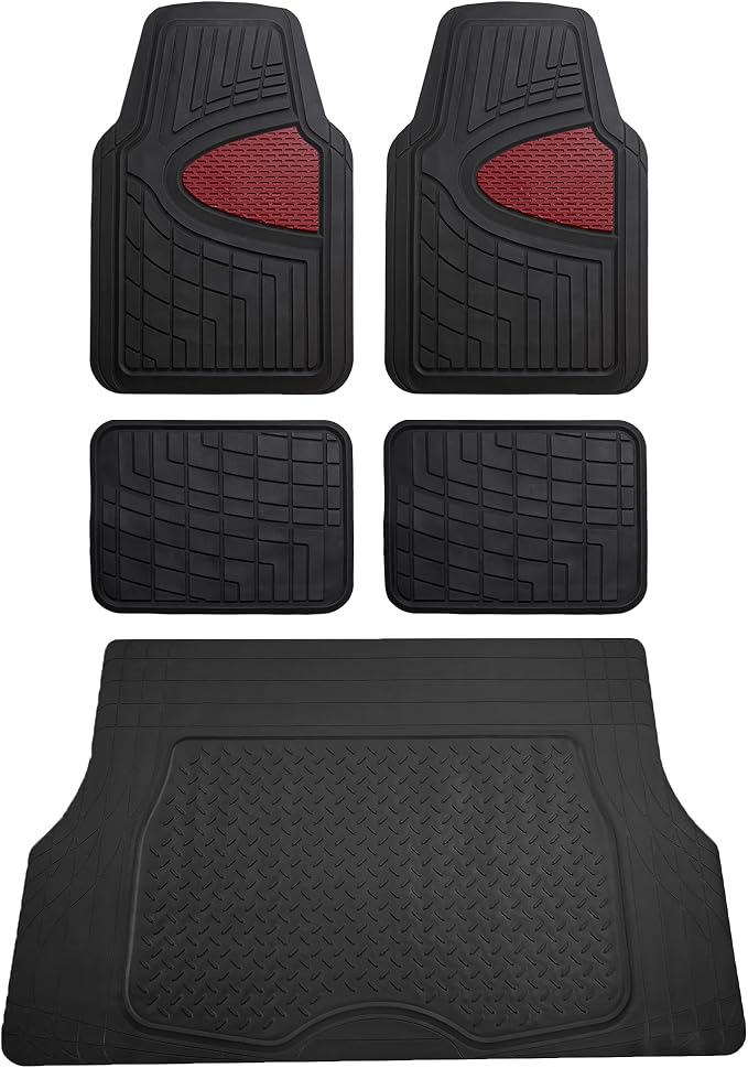 FH Group Premium Liners Tall Channel Trimmable All Weather Rubber Full Set Car Floor Mats (Pink) w. Trimmable All-Season Cargo Liner (Burgundy) - Universal Fit for Cars Trucks and SUVs by FHGroup