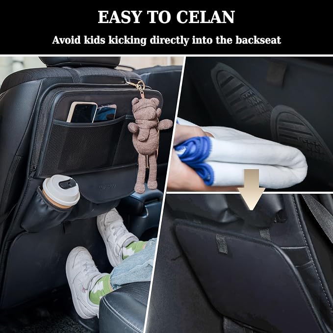 Coverado Backseat Car Organizer, Nappa Leather Car Seat Organizer with Touch Screen Tablet Holder, Foldable Food Tray, Kick Mats Protector, Multi Car Storage Accessories, Garbage Bag Holder-1 Pack - Image 6