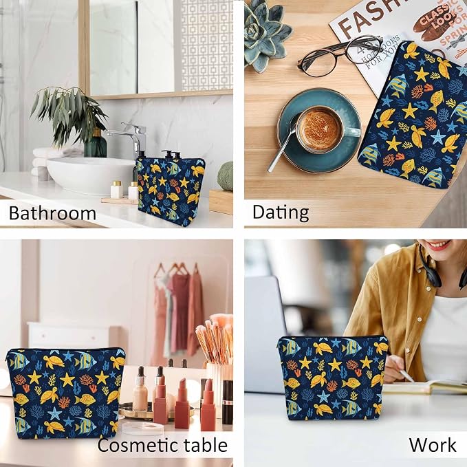 Sea Animal Makeup Bags Makeup Organizer, Ocean Sea Turtle Starfish Seaweed Flax Toiletry Bags Travel Cosmetic Bag Makeup Purse Pouch Skincare Bag Wallet Bags For Women Female Mom Daughter - Image 6