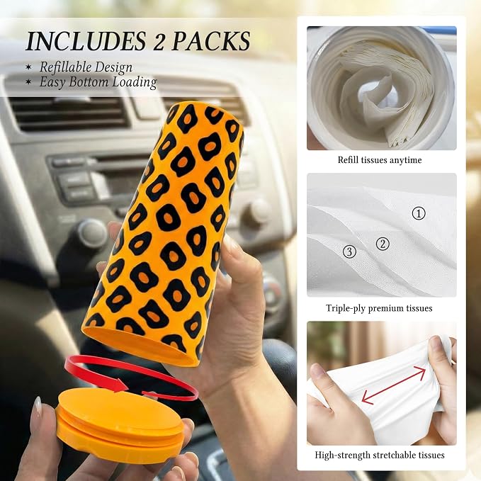 Car Tissues Cylinder for Cup Holder - Refillable Round Tissue Canister with 2 Packs Tissue - Cheetah Print Car Decorations Interior Accessories for Women & Men - Trendy Aesthetic (Leopard Print) - Image 5