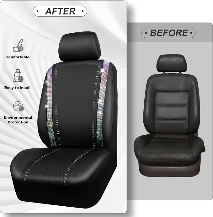 CAR PASS Bling Diamond Car Seat Covers Full Set, Shining Rhinestone Waterproof Faux Leather, Rear with Zipper, Universal Fit Automotive Glitter Crystal Sparkle Strips for Cute Women Girl,Muticolor - Image 5