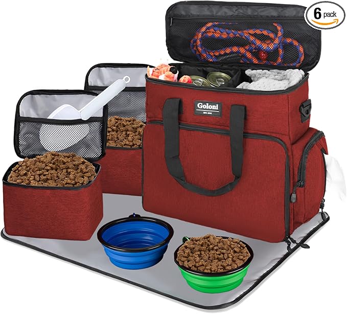 Dog Travel Bag Airline Approved–Pet Travel Tote with Collapsible Bowls,Food Containers & Feeding Mat–Multi-Pocket Organizer for Dogs & Cats, Durable & Water-Resistant for Hiking,Trips,Outdoors by GoloniYourStyleYourRule