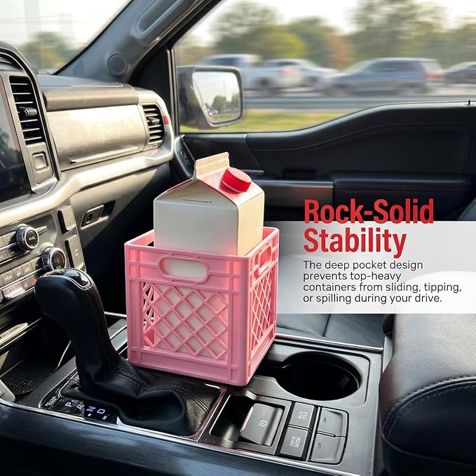 Half Gallon Car Cup Holder Expander, Pink | milk crate style, square drink jug fit, anti-spill mount, car interior accessories - Image 2