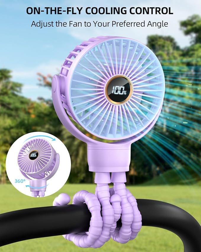 buywoo Portable Stroller Mini Fan, Small Rechargeable Personal Fan, Travel Essentials for Baby, Wagon, Car Seat, Treadmill, Battery Powered Biking Gear Accessories, 360° Rotation, 3-Speed, Display - Image 2