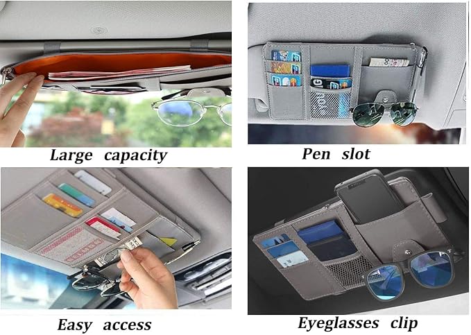 Gray Car Sun Visor Organizer, Multi-Purpose Auto Document Storage Accessory | Visor accessories multi-slot design stores docs, cards & sunglasses, slim fits all vehicles without obstructing sight - Image 2