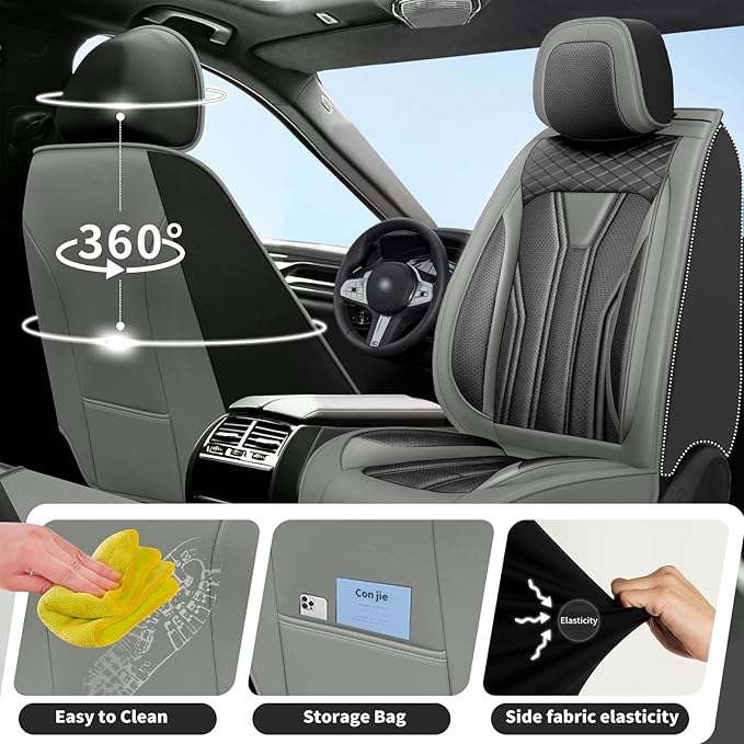 Fit Kicks Car Seat Covers Premium Leather Compatible with Nissan Kicks 2018 2019-2026 (5 Seats Full Set Waterproof Breathable All-Weather Seat Cushion Protector（5 Seats Gray & Black) - Image 4