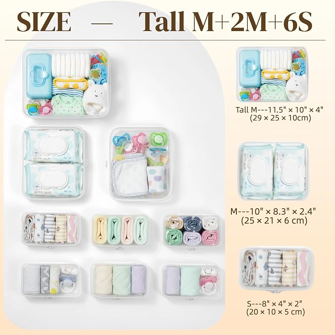 9 pcs Zipper Pouches Nesting Set, Hard Shell Toiletry Bag | Stackable Travel Organizer, Cosmetic Bags, Transparent Diaper Bag, Storage Cases (1 Tall M + 2M + 6S) - Image 4