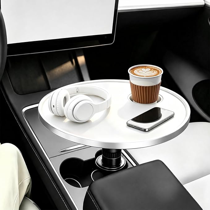 Round Car Desk Laptop Table, for Tesla & for Ford (White) | Cup Holder Tray ABS Car Table Tray, Car Accessories for Tesla Model Y/3/S, for Ford Explorer Maverick & Most Vehicles by ERIVIS