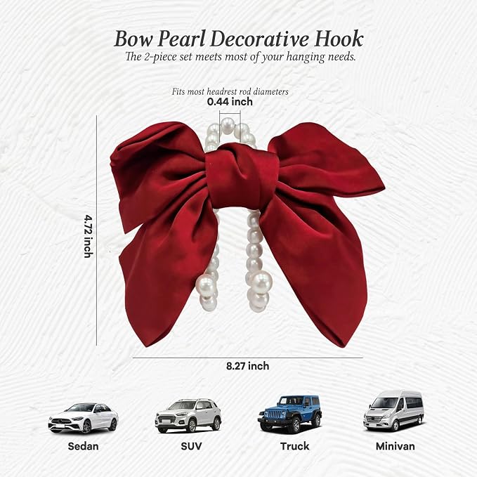 2PCS Satin Bow Pearl Car Seat Headrest Hooks – Car Bag Holder & Vehicle Hanger for Purses – Cute Coquette Aesthetic Interior Decoration – Cute Auto Organizer Accessories Universal (Red) - Image 3