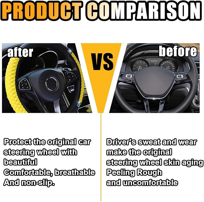 JOYCOURT 15 Inch Bling Soft Leather Car Steering Wheel Cover, Yellow | Colorful Rhinestones Design, Auto Elastic Protector for Women Girls, Crystal Diamond Car Accessories for Most Cars, SUVs - Image 3