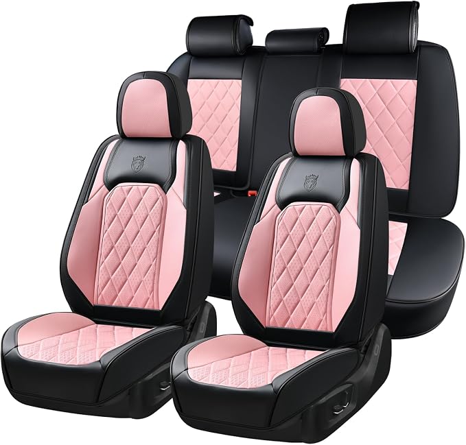 Coverado Leather Seat Covers, Car Seat Covers Full Set, Waterproof Faux Leather Pink & Black Seat Covers, Car Seat Protectors 5 Seats, Automotive Seat Covers Universal Fit for Most Cars SUV Trucks by COVERADOAUTO