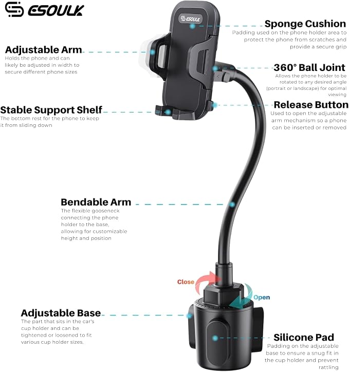 Cup Holder Phone Mount 15 Inch Adjustable Gooseneck Arm for Car | Adjustable long arm and stable cup holder base keep your phone secure, easy to reach, and clear to view while driving - Image 7