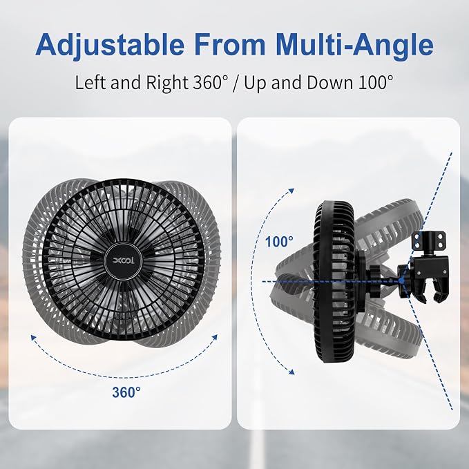 XOOL Clip Car Fan, 9 Inches 12V/24V Fan, 360° Rotatable Electric Cooling Clip on Fan with Stepless Speed Regulation for SUV, RV, Truck - Image 2
