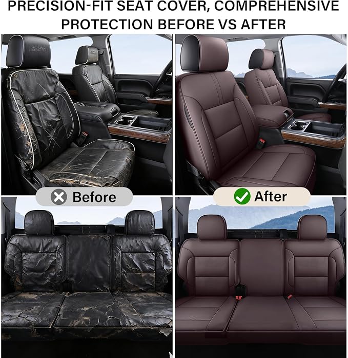 Coverado Silverado Seat Covers Full Set, Faux Leather Car Seat Covers Fit for Chevy Silverado GMC Sierra 2007-2013 & 2019-2026 1500, 2020-2026 2500HD 3500HD Crew Double Extended Cab(Brown) - Image 6