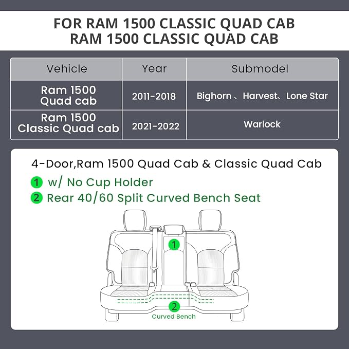 EKR Ram 1500 Seat Covers Custom Fit for (Crew Cab) RAM 1500 Ram 1500 Classic Big Horn/Warlock/Lone Star 2019-2024 & SLT/Lone Star/Bighorn/Outdoorsman 2011-2018-Neoprene(Black) - Image 2