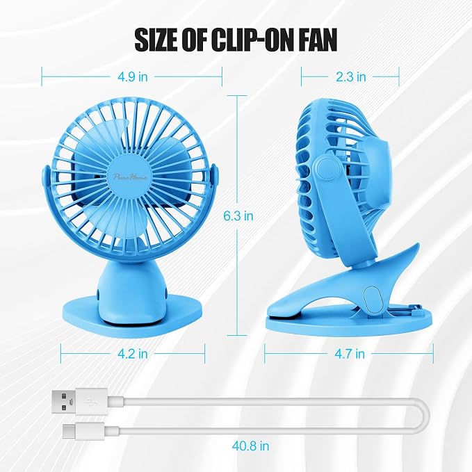 Portable Clip Fan Battery Operated,3 Speeds USB Rechargeable Mini Table Fan with Strong Airflow,360°Rotation Ultra Quiet Personal Desk Fan for Home Office Bedroom Dorm Stroller Camping - Blue - Image 7