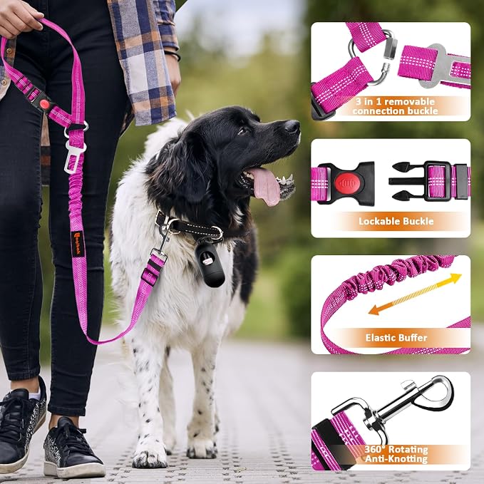 Laqibak Removable Dog Seat Belt Harness for Car, 3 in 1 Pet Seatbelt Leash | Retractable Headrest-Mounted,Restraint & Adjustable Reflective Bungee Dog Seatbelt Tether,Rose and Black - Image 5
