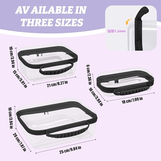 3 Pack Deep Clear Hard Shell Zipper Cases with Handle (Black) | Travel Toiletry Bag, Waterproof 1.2mm PET Hard Plastic Pouches, Organizer Box for Makeup, Toy, Snack, Stationery, Diaper - Image 2