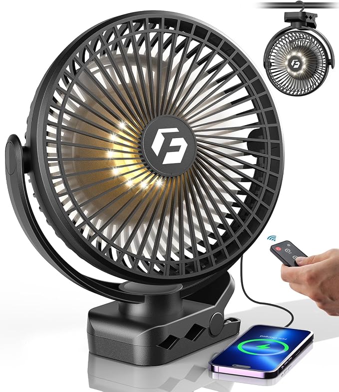 40000mAh Clip on Fan for Golf Cart, Up to 127Hrs Portable Rechargeable Fans | 8-inch Desk Fan with 3 Speeds, 9 LEDs, Remote, Timers, Hook, Battery Operated Fan for Office, Desk, Camping, Treadmill, Tent by KorbotBestCoolingForYou