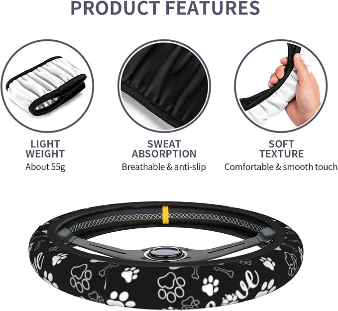 Paw Print Steering Wheel Cover Universal 15 Inch +2 Pieces Car Coasters | Anti-Slip Breathable Car for Men/Women Dog Paw Print Steering Wheel Cover Dogs Prints - Image 4