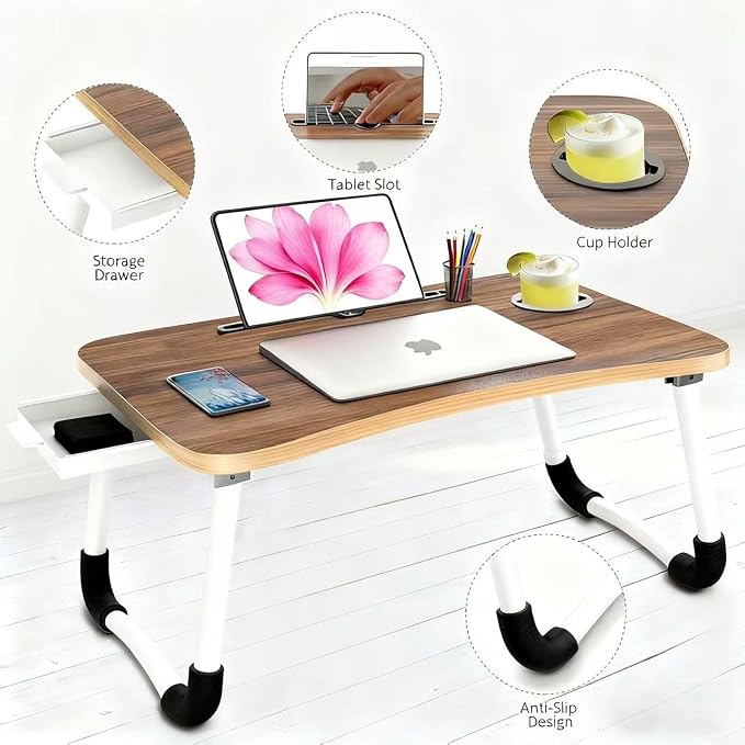 Fayquaze Portable Foldable Laptop Bed Desk with Storage Drawer and Cup Holder - Lap Desk Laptop Stand Tray Table for Eating, Reading and Working - Image 7