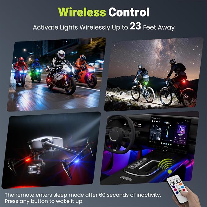 Wireless LED Lights for Car 4PCS, Interior Car Lights with Remote, USB-C Charging Strobe Lights, 80H Battery 8 RGB Colors IP65 Waterproof Ambient Lighting Car Accessories for Trucks Motorcycles Bike - Image 6
